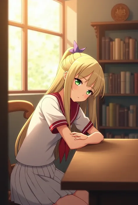 ((masterpiece,best quality, high resolution)), 1girl, solo, green eyes, blonde long hair tied with blue ribbon, blunt bangs, sitting, folded arms on the table, sleep on the folded arms, school uniform, white serafuku, red sailor collar, short sleeves, whit...