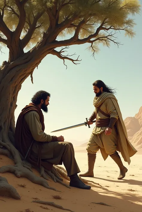 A man sits under a desert tree and another man comes to attack him with a sword