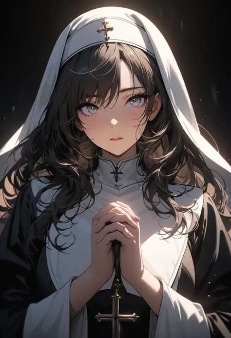 Beautiful nun, Exquisite facial features，Attention to detail描写，The eyes are sharply focused，Put your hands together，Beautiful Cross，close，Rim Light，Shining special effects，Full body portrait，pure black background， Attention to detail, 4K, masterpiece.