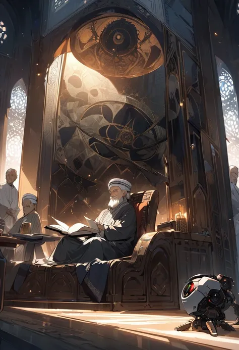 religious islam old men with serban calmly reading Al Quran sitting inside mosque with evening light surround. his face was sci fi scull robot. picture was side view. surrounding was dark. look like sigma picture