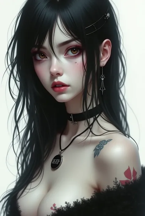 beautiful and pale woman with long, messy, black hair, brown eyes, a few tattoos and a necklace with "DEATH" ((in letters))) written on it, dark style, seducing look on her face, white background