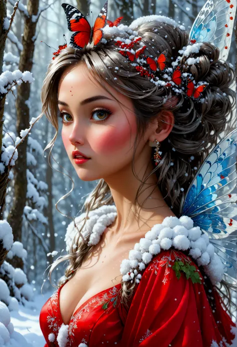 (oil painting art: 1.5) a most beautiful fairy playing in the snow, a beautiful fairy, ((full body shot: 1.5)), (best detailed face: 1.3), spread butterfly wings, dynamic hair color, dynamic hair style, busty, wearing red silk dress, intricate silk, wearin...