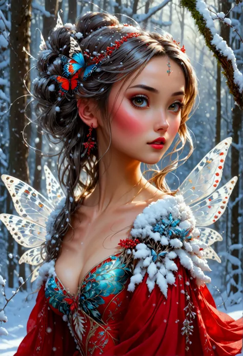 (oil painting art: 1.5) a most beautiful fairy playing in the snow, a beautiful fairy, ((full body shot: 1.5)), (best detailed face: 1.3), spread butterfly wings, dynamic hair color, dynamic hair style, busty, wearing red silk dress, intricate silk, wearin...