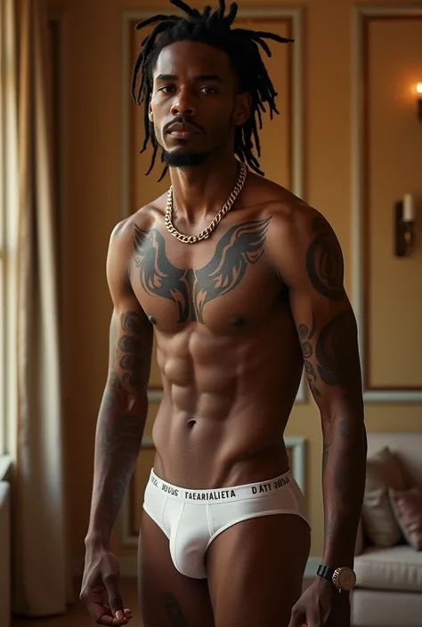 August Alsina, Attractive young adult black man with dreadlocks, youthful sexy features, brown eyes, dark black skin, athletic tonned body, he has a goatee, and have tattoos, wearing underwear in a bright expensive room