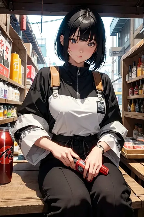 fca_style, close up of an young adult woman with short black hair,  wearing traditional japanese techwear, a cyberpunk  alley, sitting on a stool next to a large market stall with canopy selling bottles of various colors and sizes. A sign above her stall r...