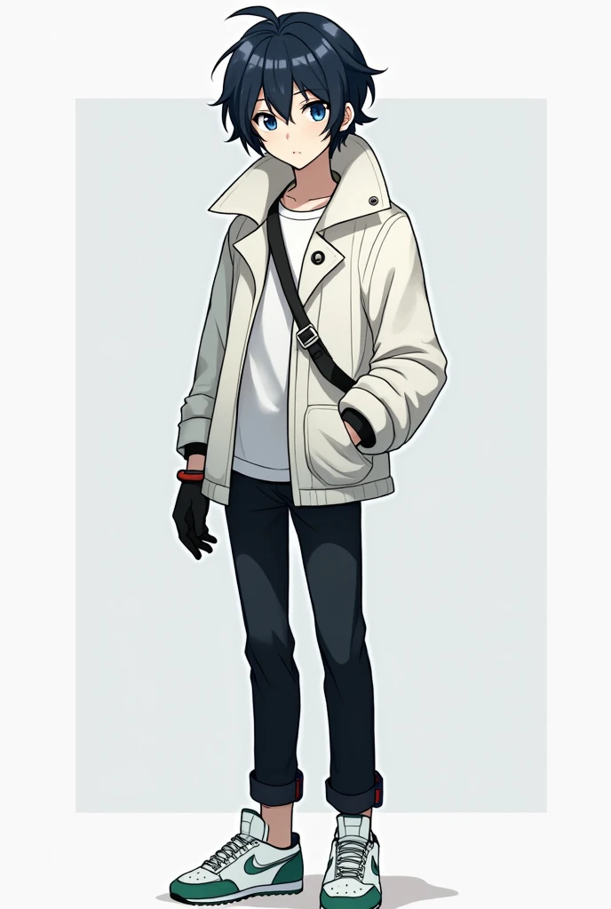 A male anime style character With slightly long, black hair with long hair between his eyes, big navy blue eyes, Jaketa Thick white jacket, black pants, white sneakers with green, and with black gloves.