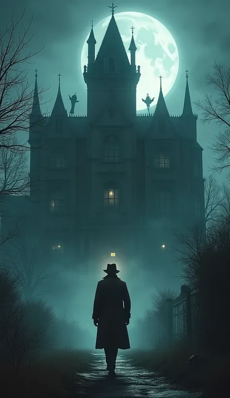 (Detective arriving at a large, spooky mansion under the moonlight).