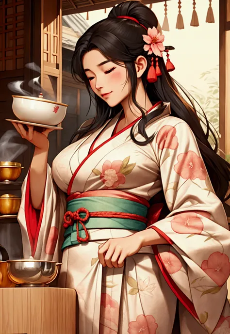 comics illustration, tea beautiful goddess making tea for ceremony, sedductive pose, great breast, wearing kimono, flip flops, not naked breast