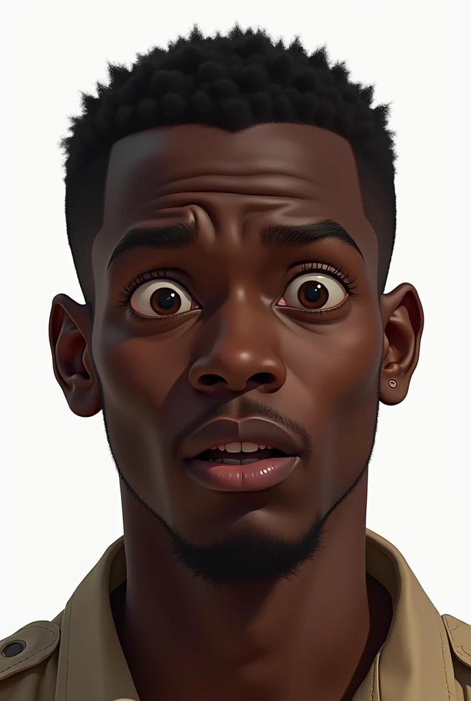 Create a hyper-realistic illustration of a young man, skin black, jaw and marked features, eyes browns, and short hair, well combed back and black color, safari outfit, white background, scared