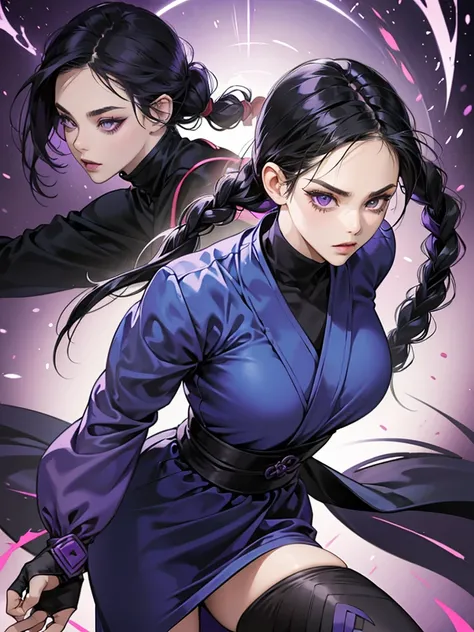 Anime woman. Ninja clothes. Black hair. Braided pigtails. Dark eyeshadow. Striking purple eyes. Purple and black clothes. Kitana.