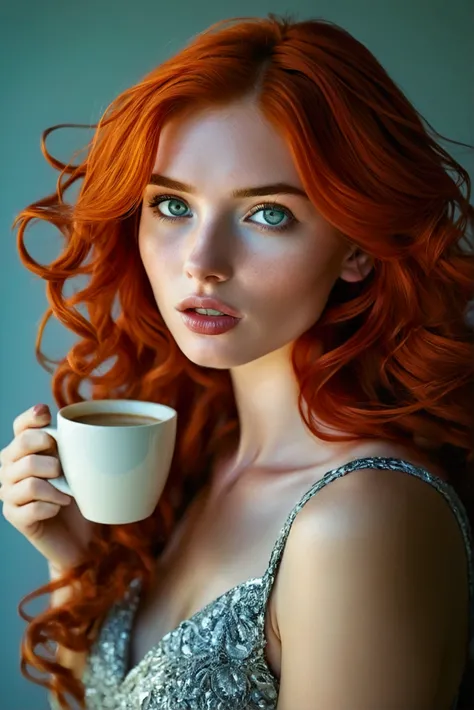 A red-haired woman drinking coffee