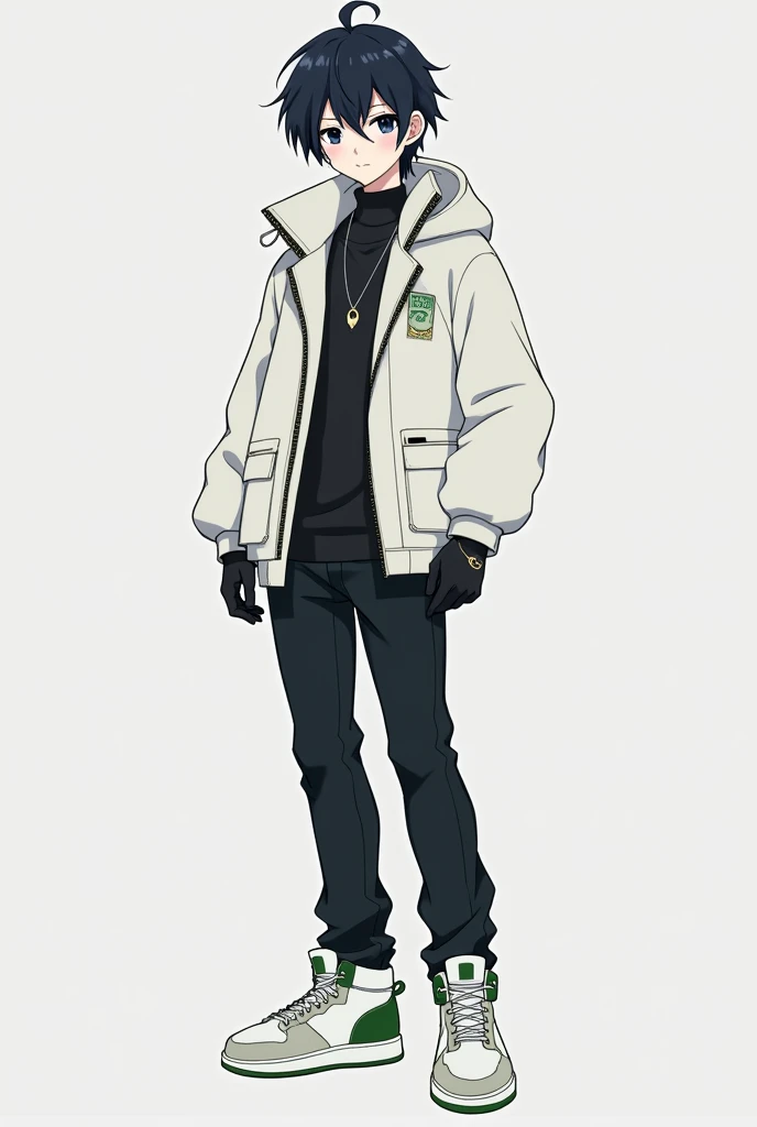 A male anime style character With slightly long, black hair with long hair between his eyes, big navy blue eyes, Jaketa Thick white jacket, black pants, white sneakers with green, and with black gloves.