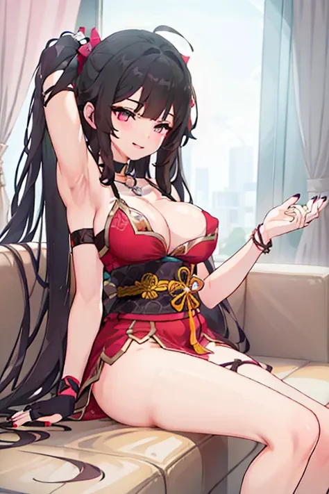 (2 heads:1.3), 1 woman, Sparks (Honkai: Star Rail), Twintail, hair accessories, alone, Off shoulder kimono, black nails, Mask on the head, Arms separated, choker, heart, Single gloves, Wristband, Hanging rope across, thigh strap, smileที่พอใจ, sitting on t...