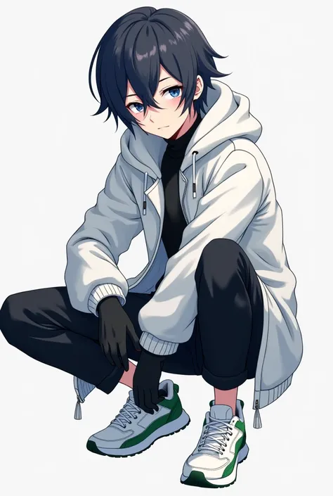 A male anime style character With slightly long, black hair with long hair between his eyes, big navy blue eyes, Jaketa Thick white jacket, black pants, white sneakers with green, and with black gloves.