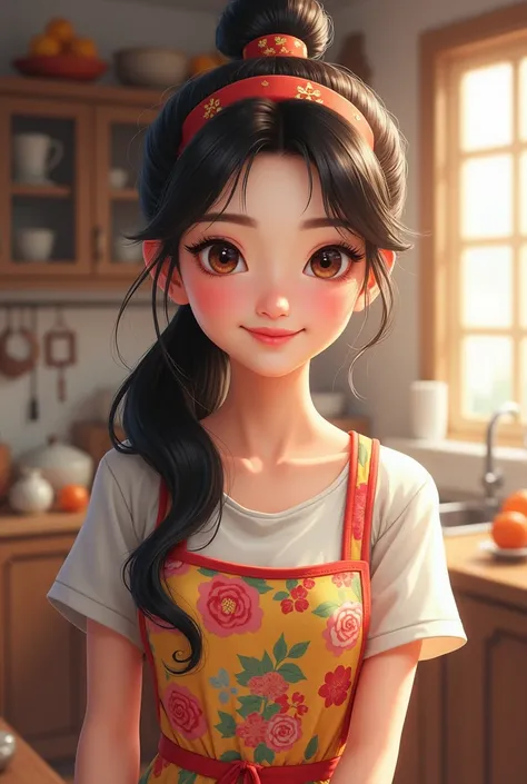  Beautiful Chinese girl Long hair tied up, with a stylish hairband.
- **Eyes:** Large, expressive eyes that convey warmth and enthusiasm.
- **Outfit:** Wearing a colorful apron over a casual top, ready to cook.