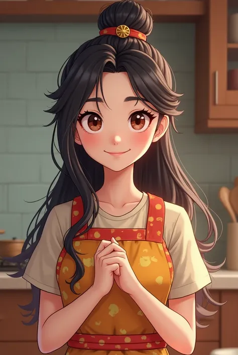  Beautiful Chinese girl Long hair tied up, with a stylish hairband.
- **Eyes:** Large, expressive eyes that convey warmth and enthusiasm.
- **Outfit:** Wearing a colorful apron over a casual top, ready to cook.