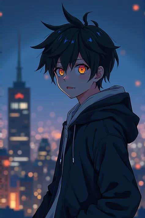 A aesthetic Cool anime boy with black and white hair his left eye is yellow colour and right eye is red colour Wearing hoddie and standing on top of high building rooftop night time