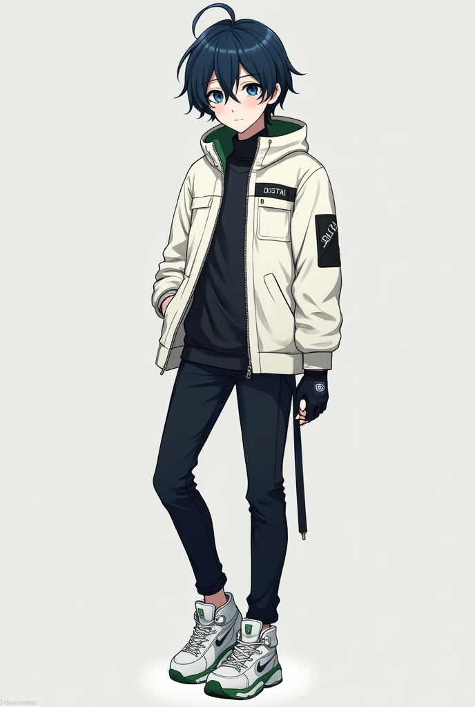 A male anime style character With slightly long, black hair with long hair between his eyes, big navy blue eyes, Jaketa Thick white jacket, black pants, white sneakers with green, and with black gloves.