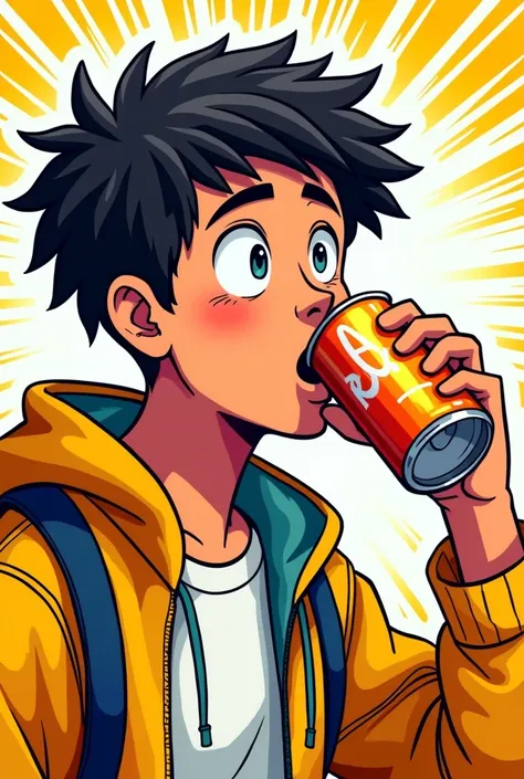 comic  animated student drinks energy drink