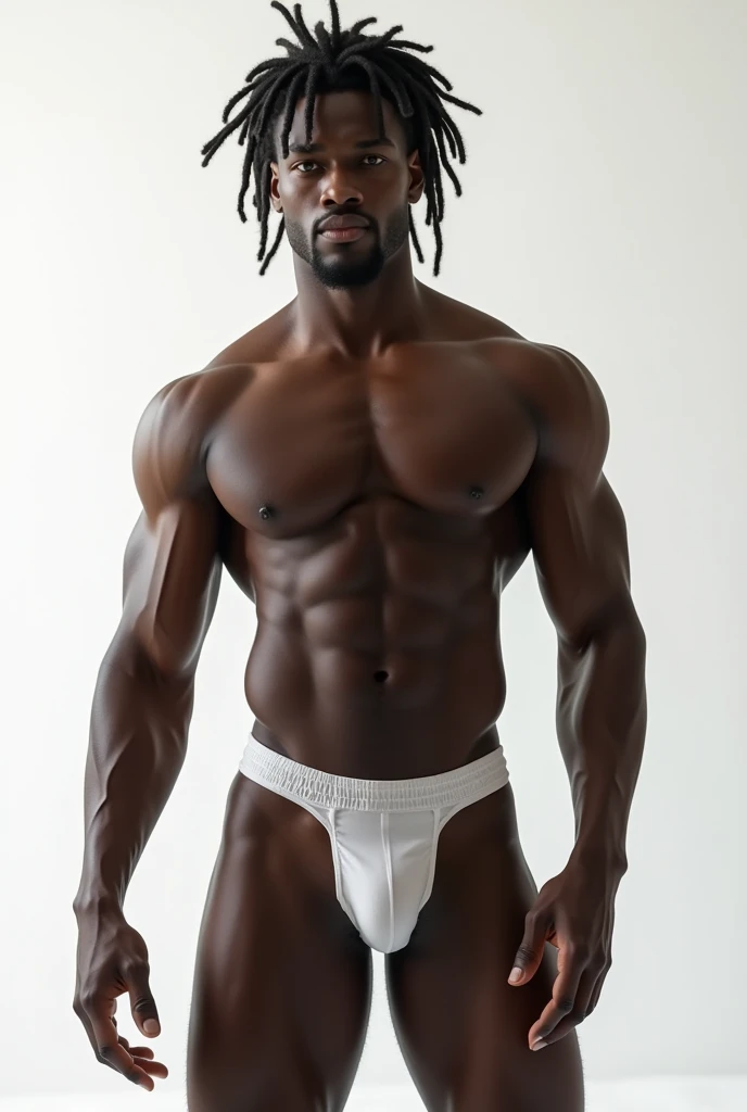 August Alsiina, handsome young adult man, dreadlocked hair, brown eyes, black dark skin, athletic with defined sixpack and chest, have a goatee, he is sexy and has a bulge in his underwear, he is posing in his underwear in a white setting.