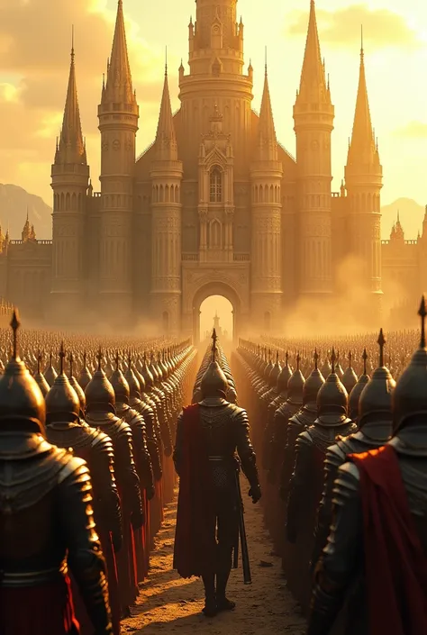 Create an army of handsome men and set the background to an imposing golden castle 