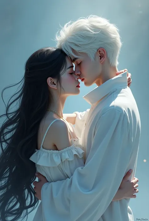 A boy white-hair hugs a girl Long black hair, white body, white clothes, 40 years and both of them look at the camera, theme color picture is a blue mixed black and white 