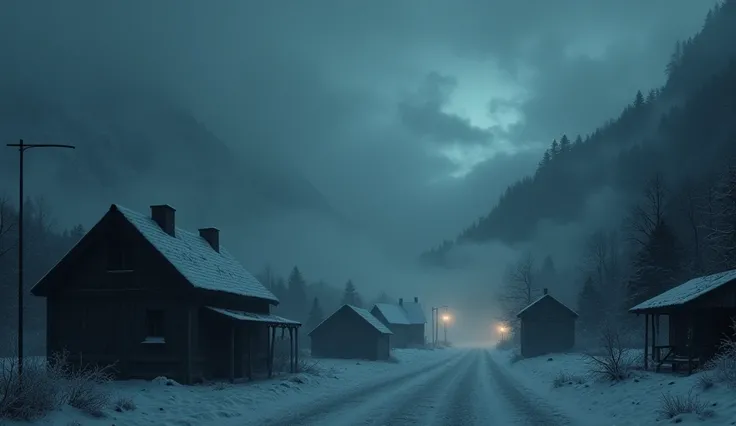 A dark, cold night in a remote mountain village, with snow-covered rooftops and dense fog in the air.