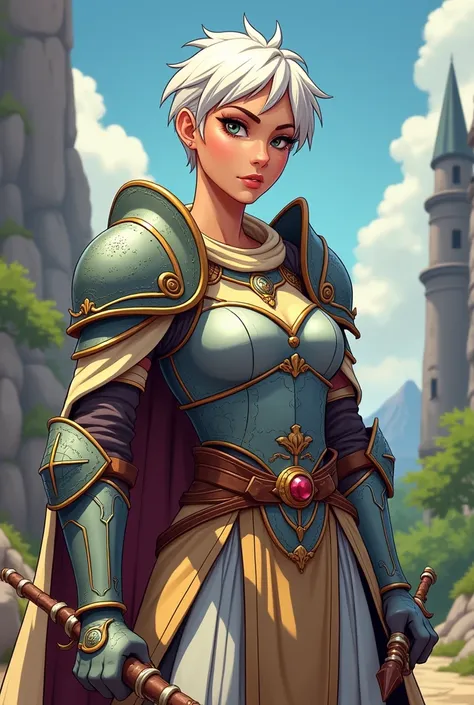 Create a stylized D&D female cleric with short white hair, wearing light armor that allows for agility yet still provides protection. She wields a small sword in one hand, and her overall design should reflect strength and wisdom. Her armor should have int...