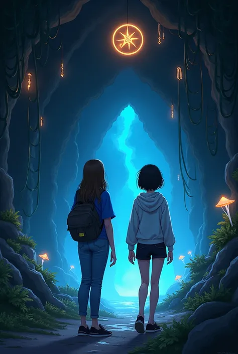 Inside a mysterious cave near Mae Fah Luang University, two young women explore the dimly lit interior. The cave entrance is partially concealed by thick vines and adorned with glowing, ancient symbols. The interior is illuminated by faint, eerie light fro...