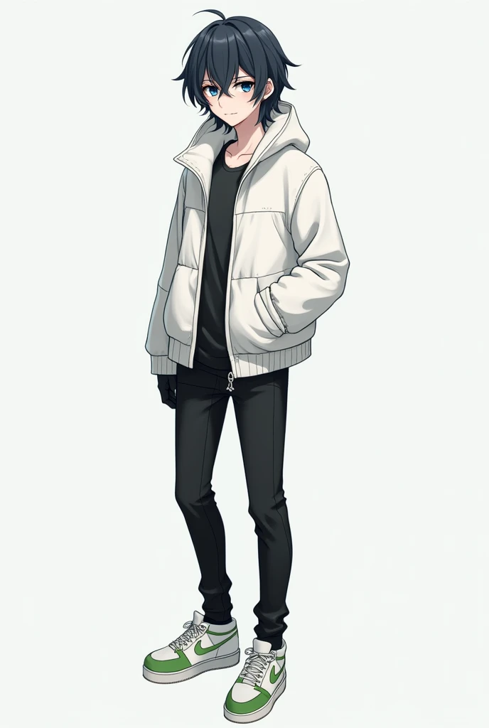 A male anime style character With slightly long, black hair with long hair between his eyes, big navy blue eyes, Jaketa Thick white jacket, black pants, white sneakers with green, and with black gloves.