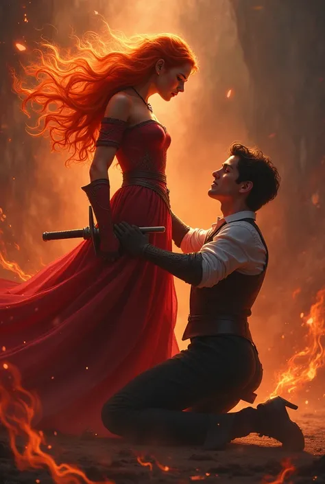 red hair in a fiery atmosphere,masked, and the princess who hides a sword behind her and looks at her with angry eyes like fire and a very, very handsome prince kneels before her and begs and looks into the princess&#39;s eyes with timid eyes