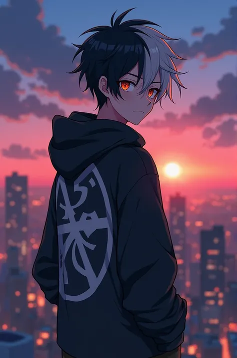 A aesthetic Cool anime boy with half black and white hair his left eye is yellow and right eye is red color Wearing hoddie and standing on top of high building rooftop evening time