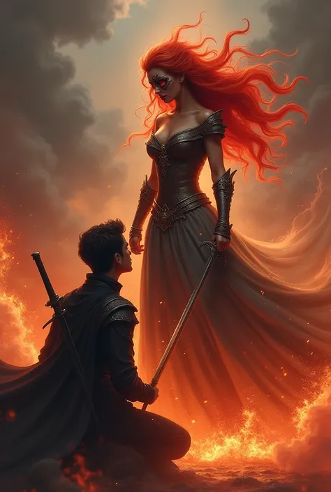 red hair in a fiery atmosphere,masked, and the princess who hides a sword behind her and looks at her with angry eyes like fire and a very, very handsome prince kneels before her and begs and looks into the princess&#39;s eyes with timid eyes , THE PRINCES...