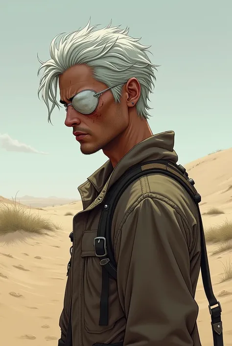 Slade Wilson eye patch white hair background on a desert island lost with scar profile picture young man 