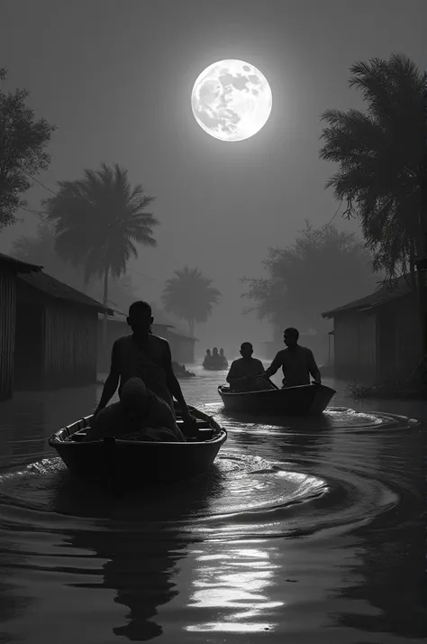 Create black and white picture with these description : Amid a full moon, floodwaters engulfed Bangladeshi villages, forcing residents into boats at night. The eerie glow illuminated their struggle as they navigated the submerged landscape. Communities ban...