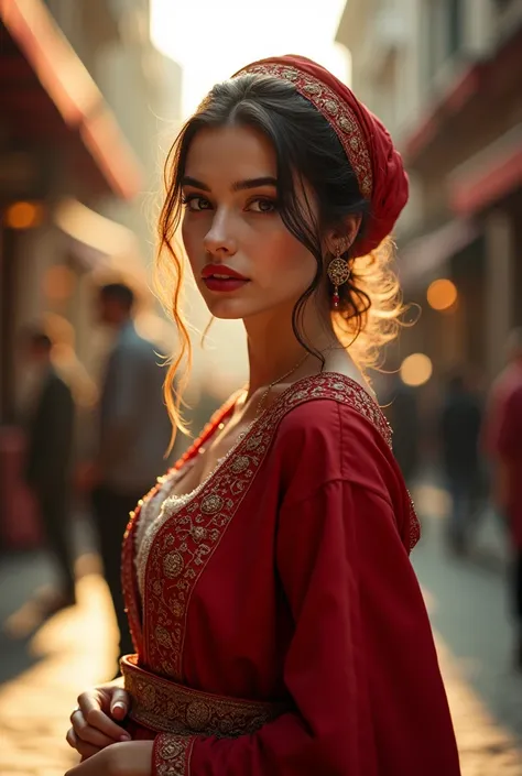 a beautiful young woman in traditional ottoman turkish clothing, long red dress, red headpiece, standing in istanbul city street with people, detailed face and eyes, cinematic lighting, highly detailed, photorealistic, 8k, studio quality