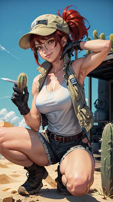 fio germi, glasses, red hair, ponytail, hat, vest, white tanktop, gloves, shorts, boots, kneepads, looking at viewer, serious, smirk, squatting, spreading legs, outside, desert, holding a knife, cactus, blue sky, extreme detail, masterpiece, 