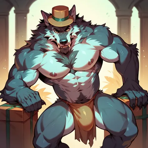 Werewolf,male,loincloth,big werewolf,body fur white werewolf,seductive,box hat,shirt,nipples,fluffy,bulge