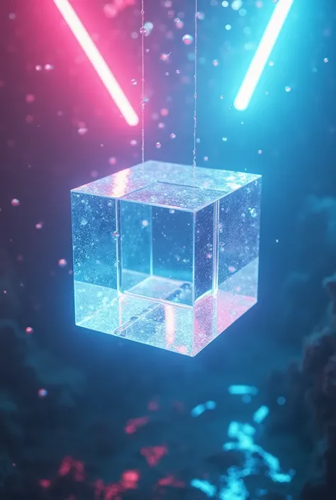 image of a transparent white glass hypercube underwater, É made of glass transparente, Chess piece, made of glass, completely translucent white, You can see through her transparent skin, It has pink and blue lights around it, cyberpunk style, illuminated b...