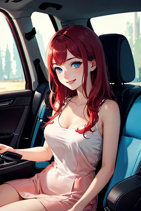 ((masterpiece)), (((best quality))), chromatic lighting,
colorized, red + white limited color palette, 
detailed concept drawing, inside a car,
portrait, 20yo 1girl, medium soft breasts, slender, long red hair, blue eyes, smiling, no weird objects or color...