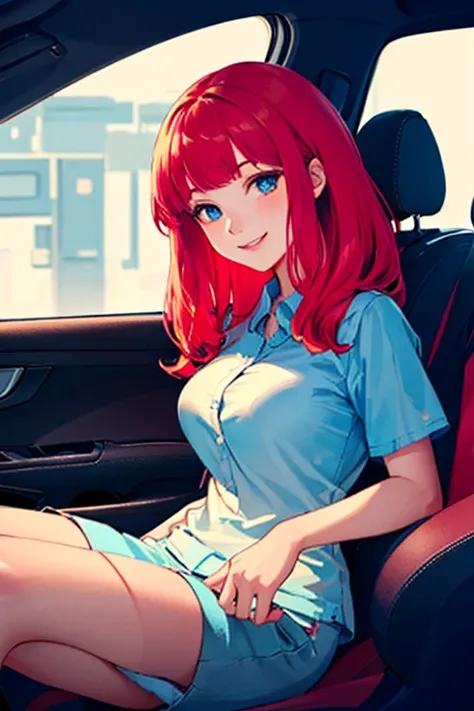 ((masterpiece)), (((best quality))), chromatic lighting,
colorized, red + white limited color palette, 
detailed concept drawing, inside a car,
portrait, 20yo 1girl, medium soft breasts, slender, long red hair, blue eyes, smiling, no weird objects or color...