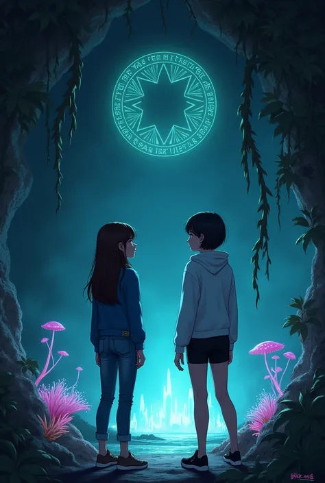 Semi realistic style. Inside a mysterious cave near Mae Fah Luang University, two young women explore the dimly lit interior. The cave entrance is partially concealed by thick vines and adorned with glowing, ancient symbols. The interior is illuminated by ...