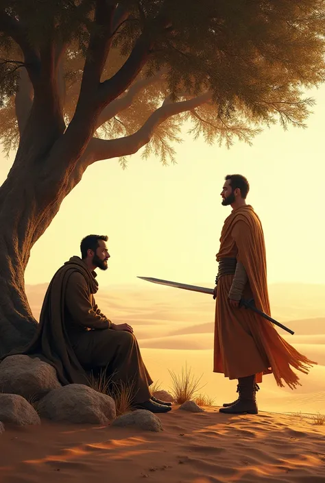 A man sits under a tree in the desert while another man stands with a sword in his hand asking for forgiveness