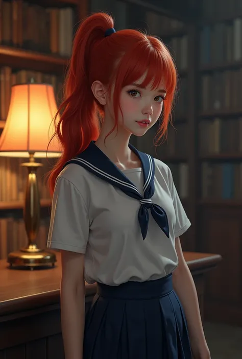 realism, thai university uniform, girl, ponytail, red hair, background night libary