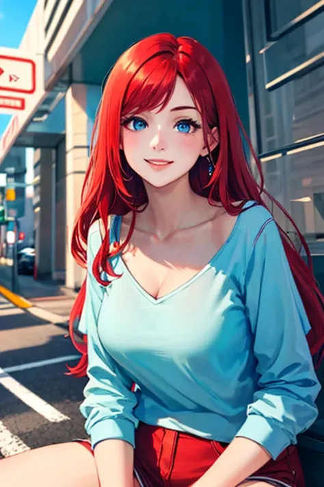 ((masterpiece)), (((best quality))), chromatic lighting,
colorized, red + white limited color palette, 
detailed concept drawing, Along a highway,
portrait, 20yo 1girl, medium soft breasts, slender, long red hair, blue eyes, smiling, no weird objects or co...