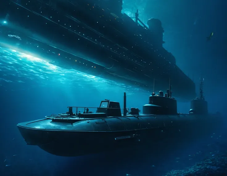 military submarine, stelth, torpedos, deep underwater with dark waters swirling around them, spot lights