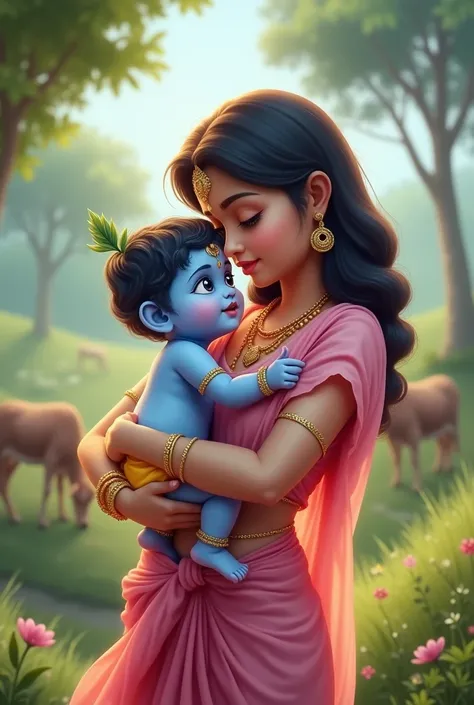 Generate image of cutest new born chubby little krishna with light jewellery facing our side with big fluffy cheeks and big eyes in blue colorand body also sky blue color with his beautiful mother in white color body wearing pink saree and lot of jewellery...