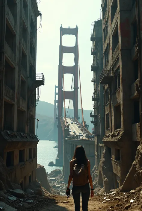 Dystopian and post-apocalyptic landscape of the rusty and ruined Golden Gate Bridge in the middle of the image, Seen by a dirty girl with a backpack on her back from a balcony of a dilapidated, ultra-futuristic building, the bridge is between several ultra...