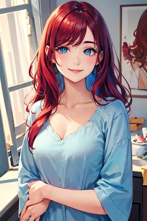 ((masterpiece)), (((best quality))), chromatic lighting,
colorized, red + white limited color palette, 
detailed concept drawing, her private room,
portrait, 20yo 1girl, medium soft breasts, slender, long red hair, blue eyes, smiling, no weird objects or c...