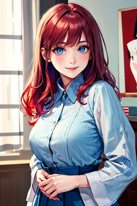 ((masterpiece)), (((best quality))), chromatic lighting,
colorized, red + white limited color palette, 
detailed concept drawing, her private room,
portrait, 20yo 1girl, medium soft breasts, slender, long red hair, blue eyes, smiling, no weird objects or c...